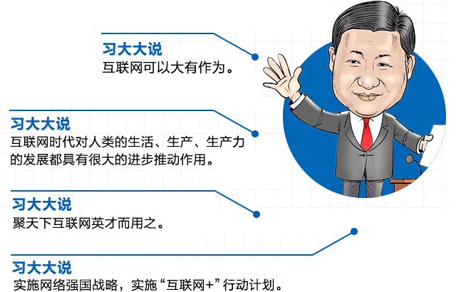 习大大说：互联网可以大有作为。习大大说：互联网时代对人类的生活、生产、生产力的发展都具有很大的进步推动作用。习大大说：聚天下互联网英才而用之。习大大说：实施网络强国战略，实施“互联网+”行动计划。